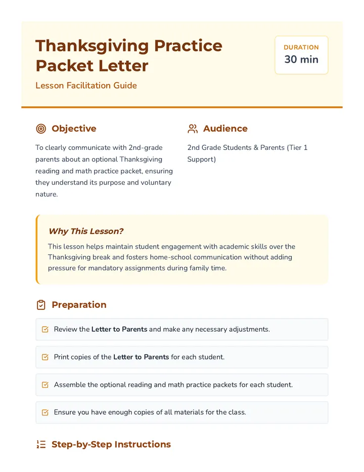 Thanksgiving Packet Lesson Plan