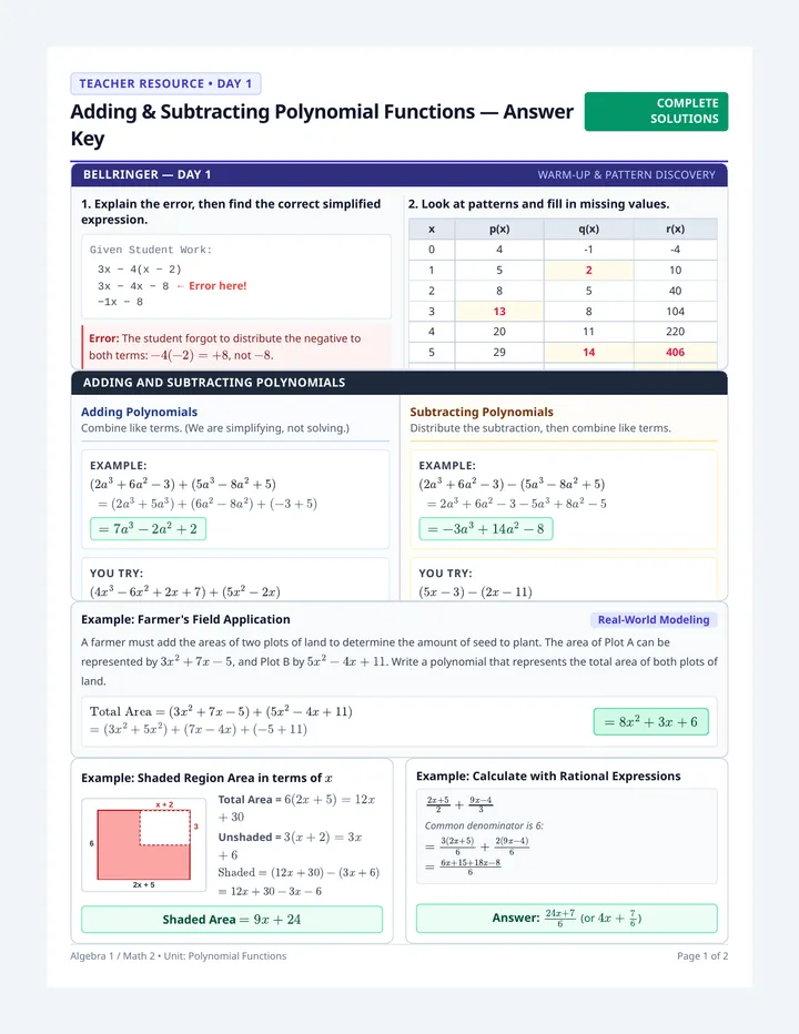 Polynomial Operations Answer Key