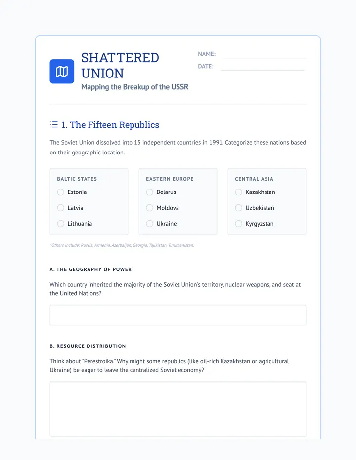 Shattered Union Map Worksheet