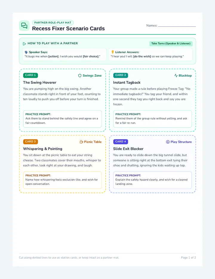Recess Fixer Scenario Cards