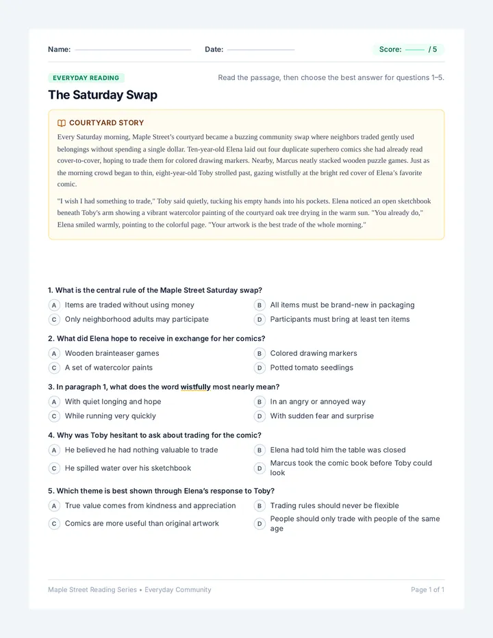 Saturday Swap Reading Worksheet