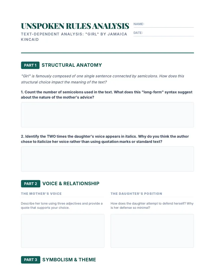 Unspoken Rules Analysis Worksheet