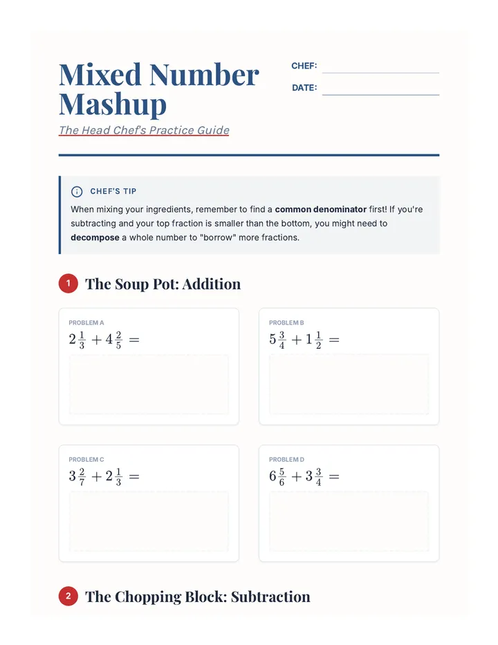 Mixed Number Mashup Worksheet
