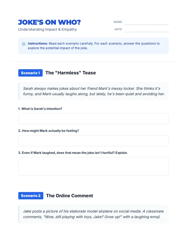 Understanding Hurtful Jokes Worksheet