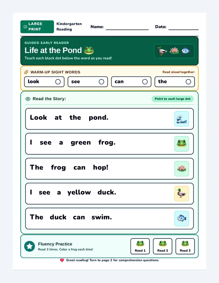 Pond Pals Reading Sheet