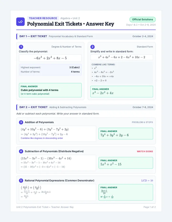 Polynomial Exit Ticket Answer Key