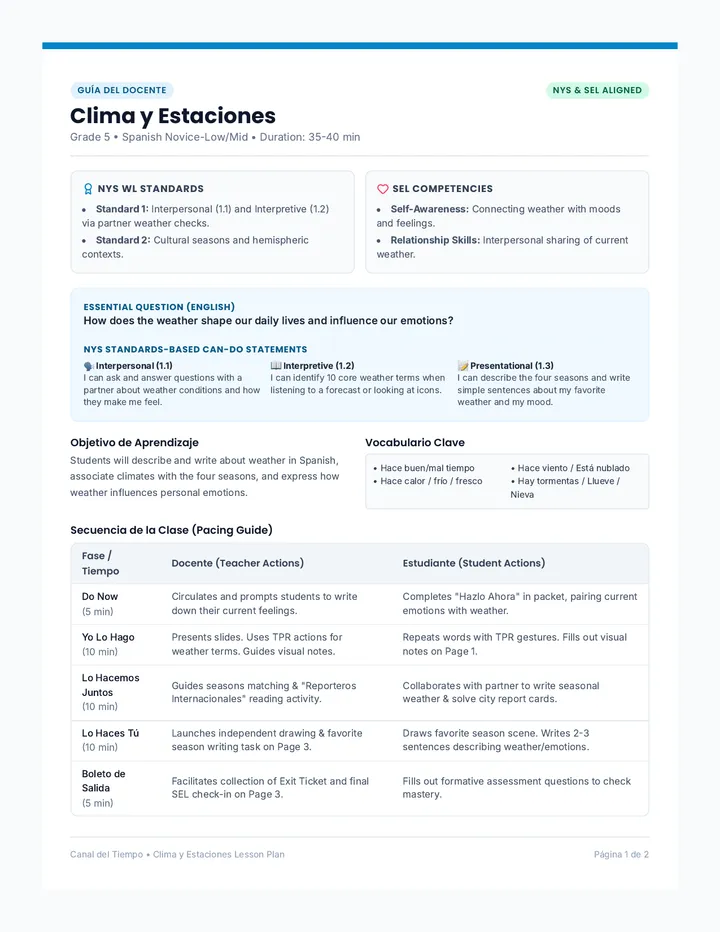 Clima y Estaciones Teacher Guide