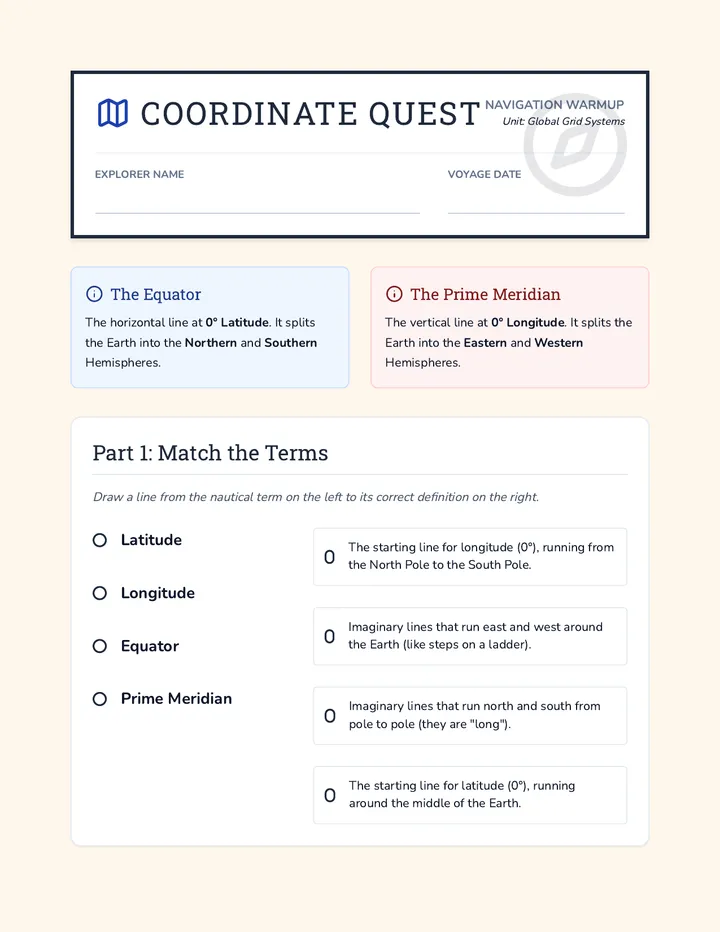 Coordinate Quest Worksheet