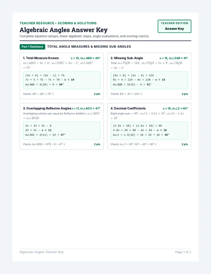 Algebraic Angles Answer Key
