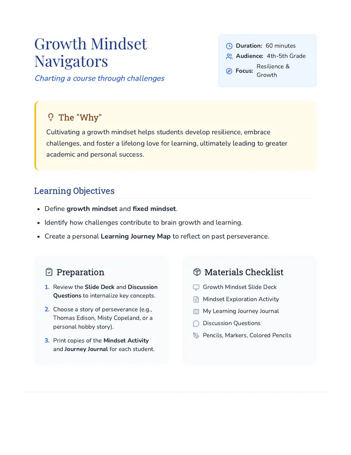 Growth Mindset Navigators Teacher Guide