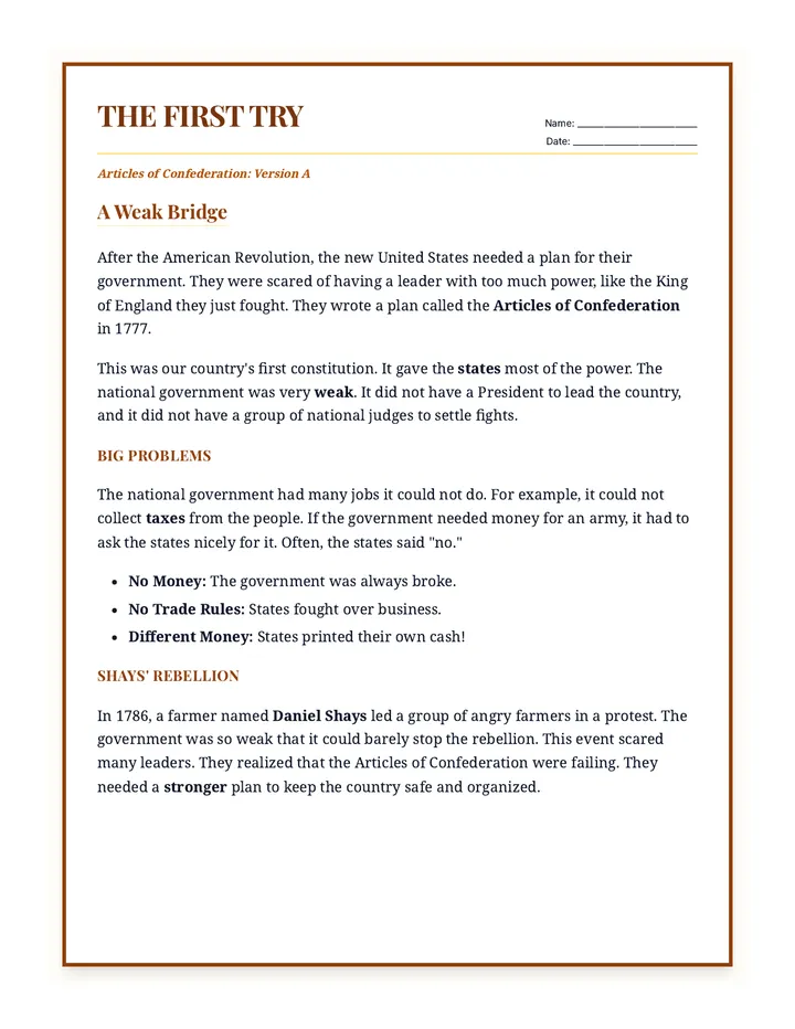 Articles Confederation Version A Worksheet