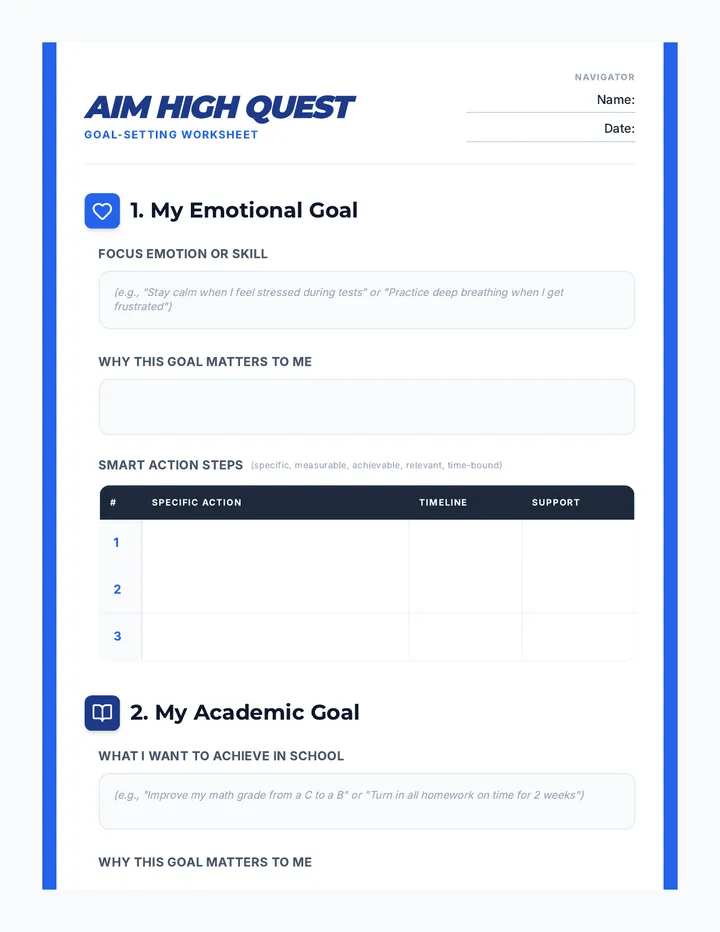 Aim High Quest Goal Setting Worksheet