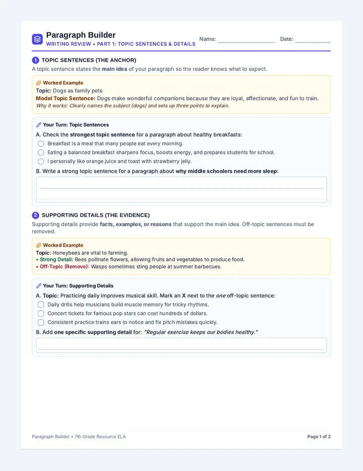 Paragraph Builder Worksheet
