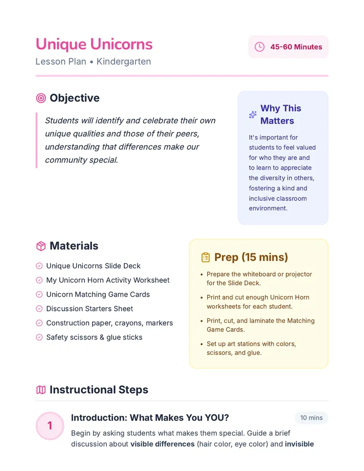 Unique Unicorns Lesson Plan