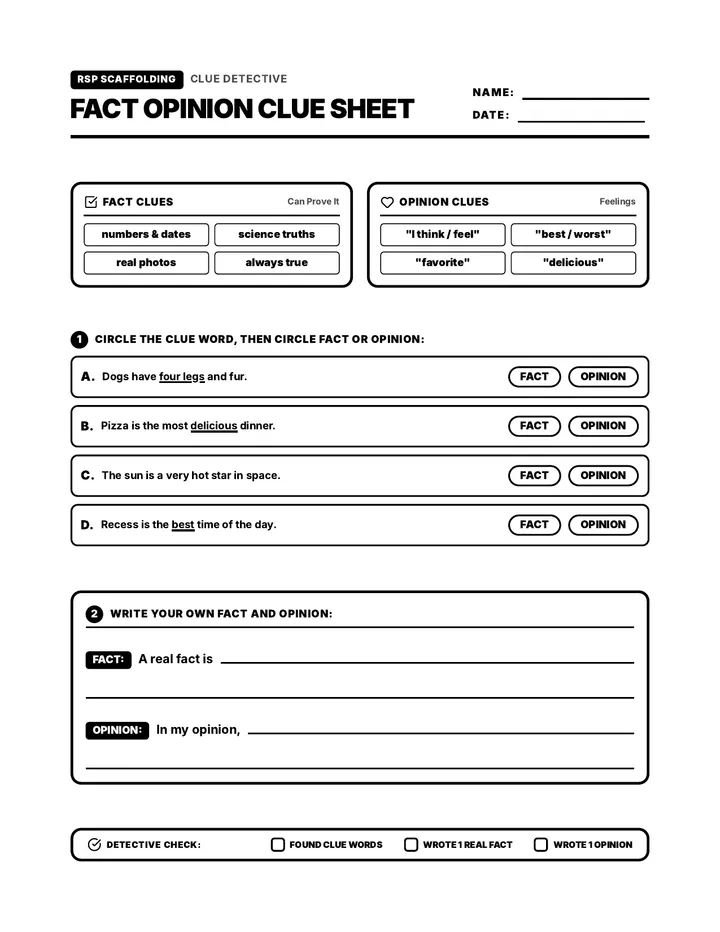 Fact Opinion Clue Worksheet
