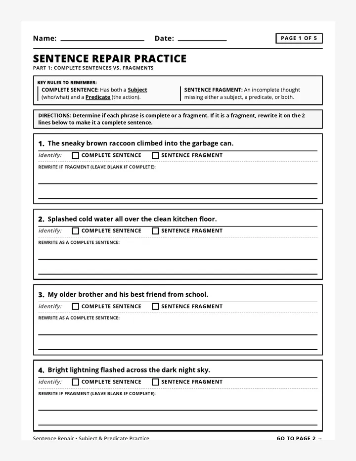 Sentence Repair Worksheet