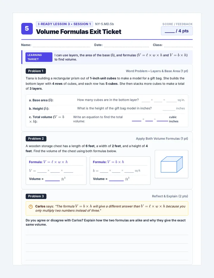 Volume Formulas Exit Ticket