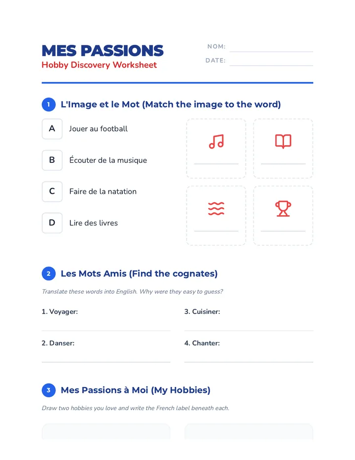 Mes Passions Worksheet