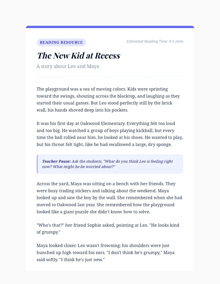 The New Kid Story Card