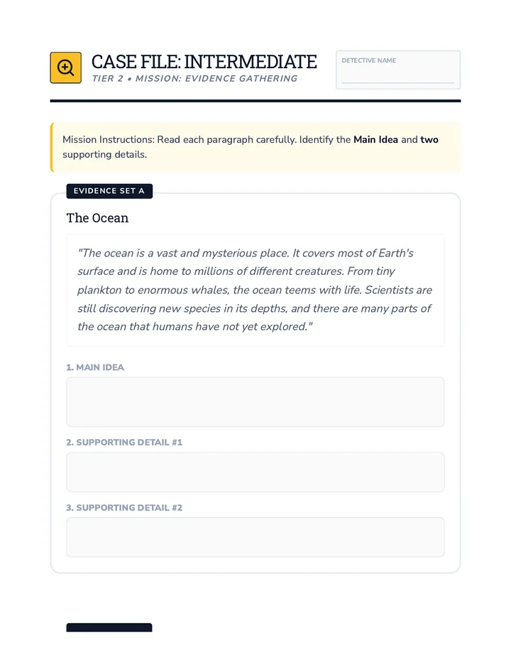 Main Idea & Details Worksheet Tier 2