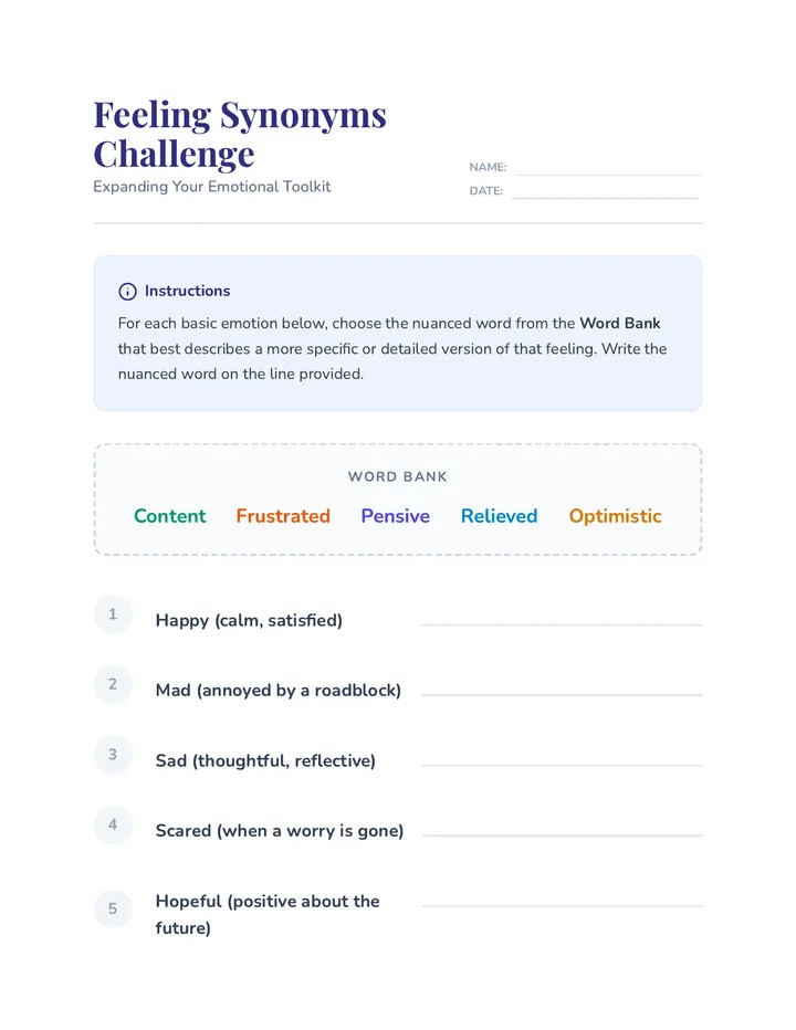 Feeling Synonyms Worksheet