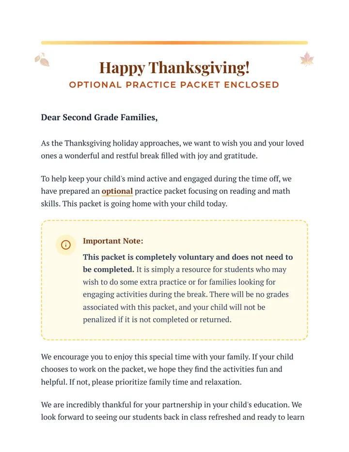 Thanksgiving Parent Letter