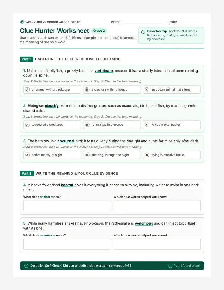 Clue Hunter Worksheet