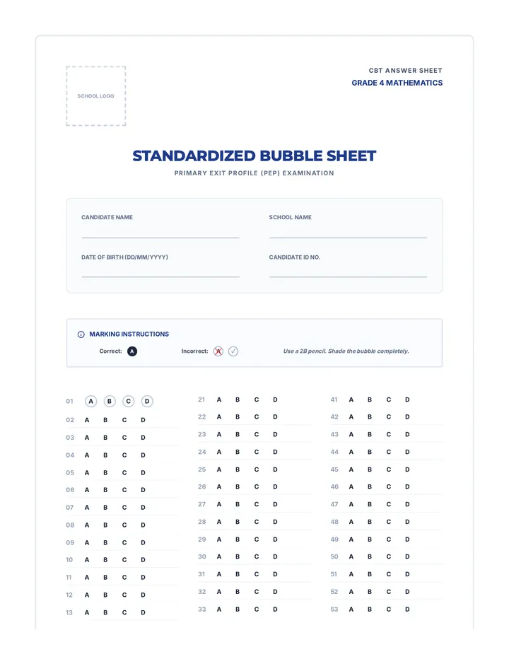 Grade 4 Math Bubble Sheet