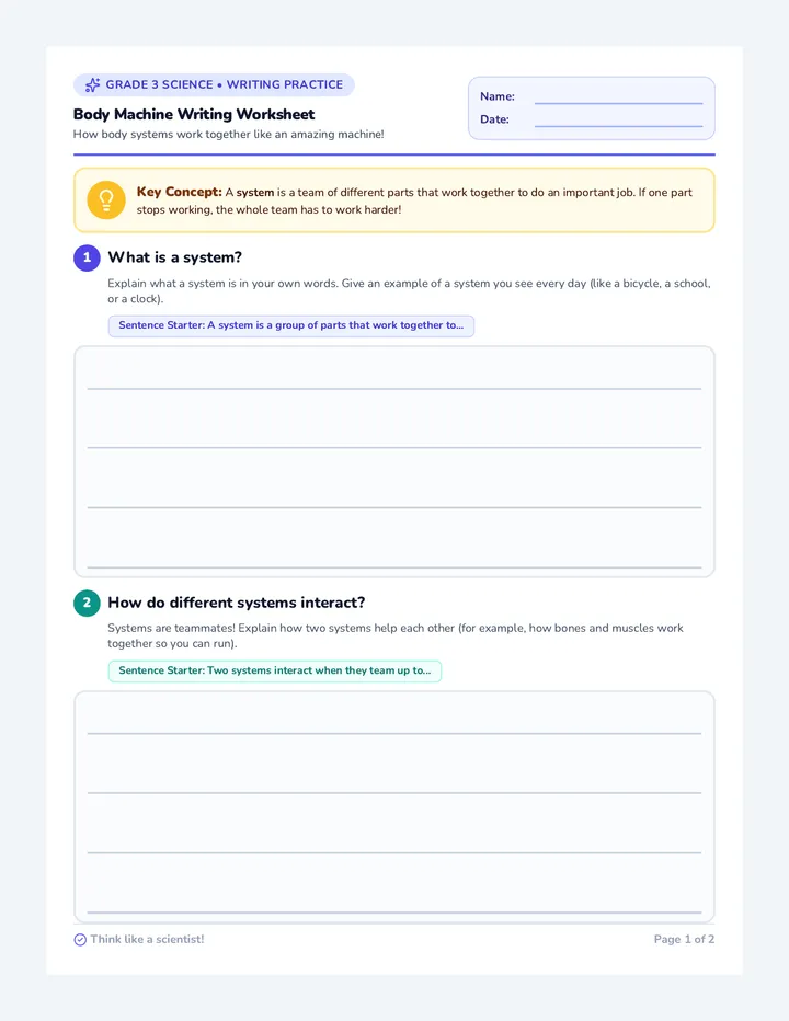 Body Machine Writing Worksheet