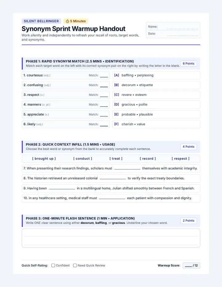 Synonym Sprint Warmup Handout