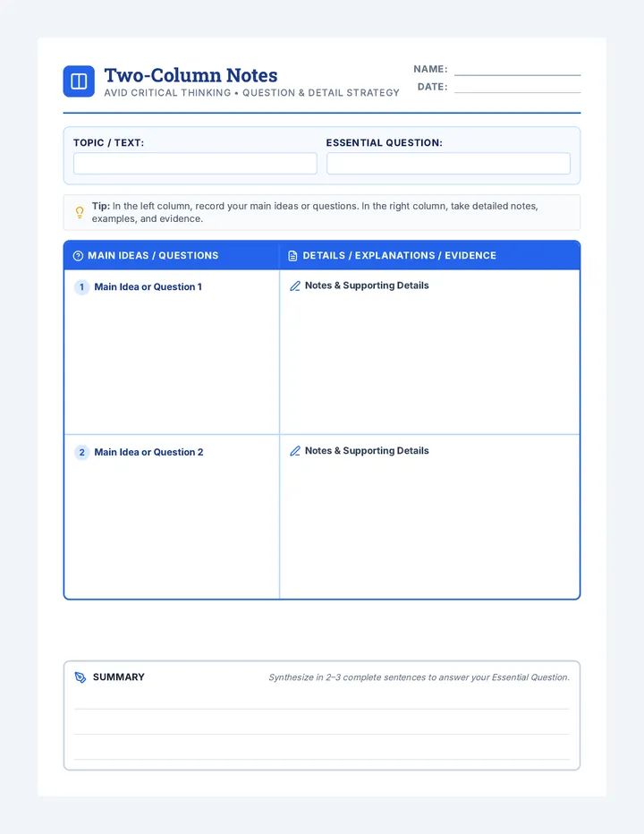 Two and Three Column Notes Worksheet