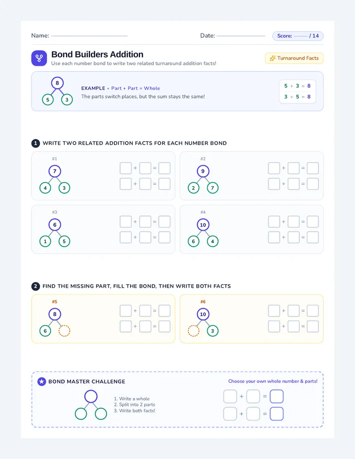 Bond Builders Addition Worksheet