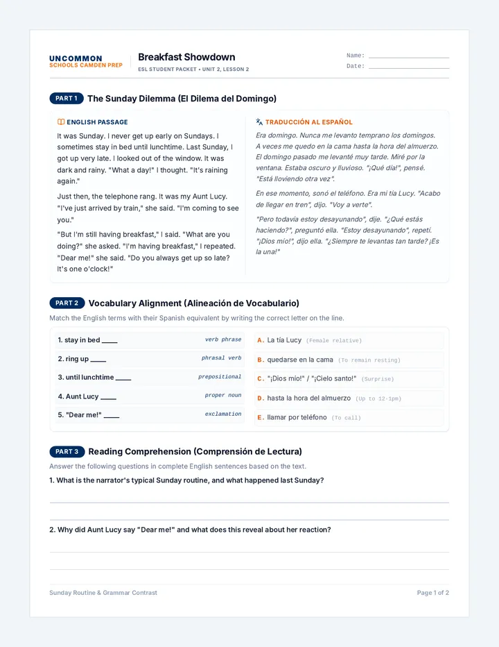Breakfast Showdown Worksheets
