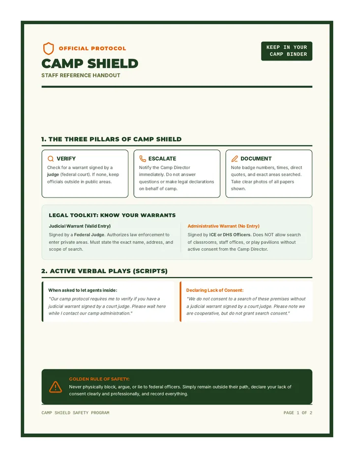 Camp Shield Staff Handout page 1
