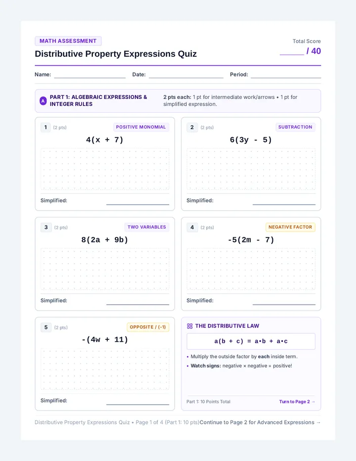 Distributive Property Expressions Quiz