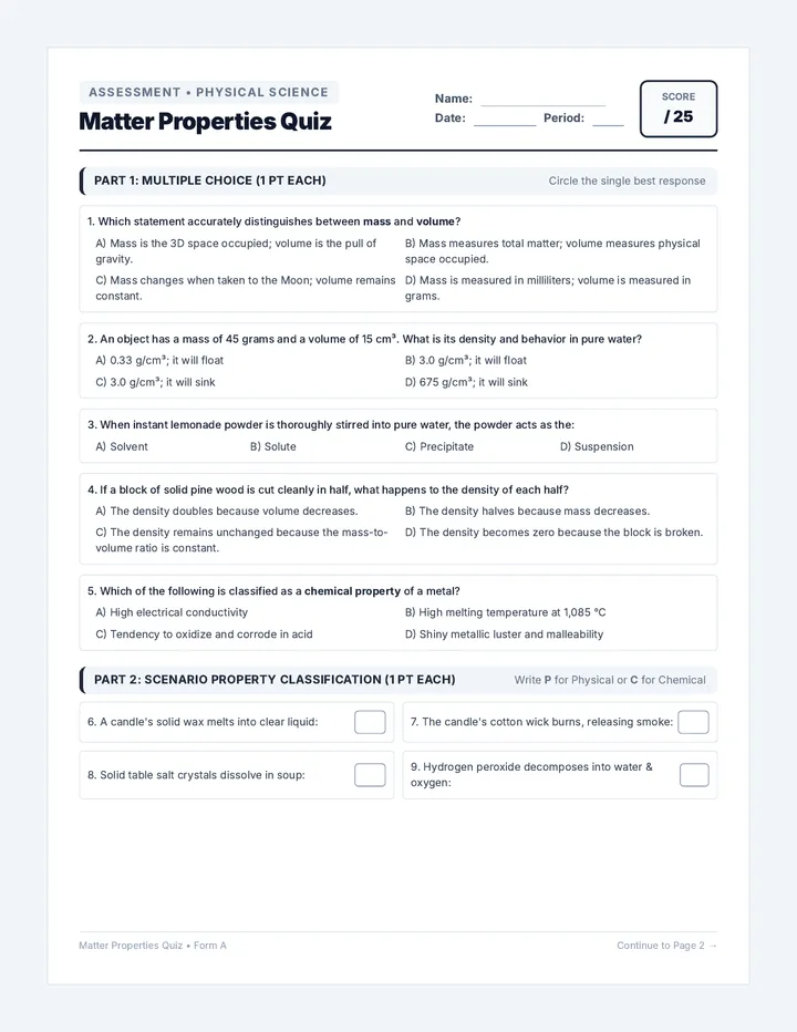 Matter Properties Quiz