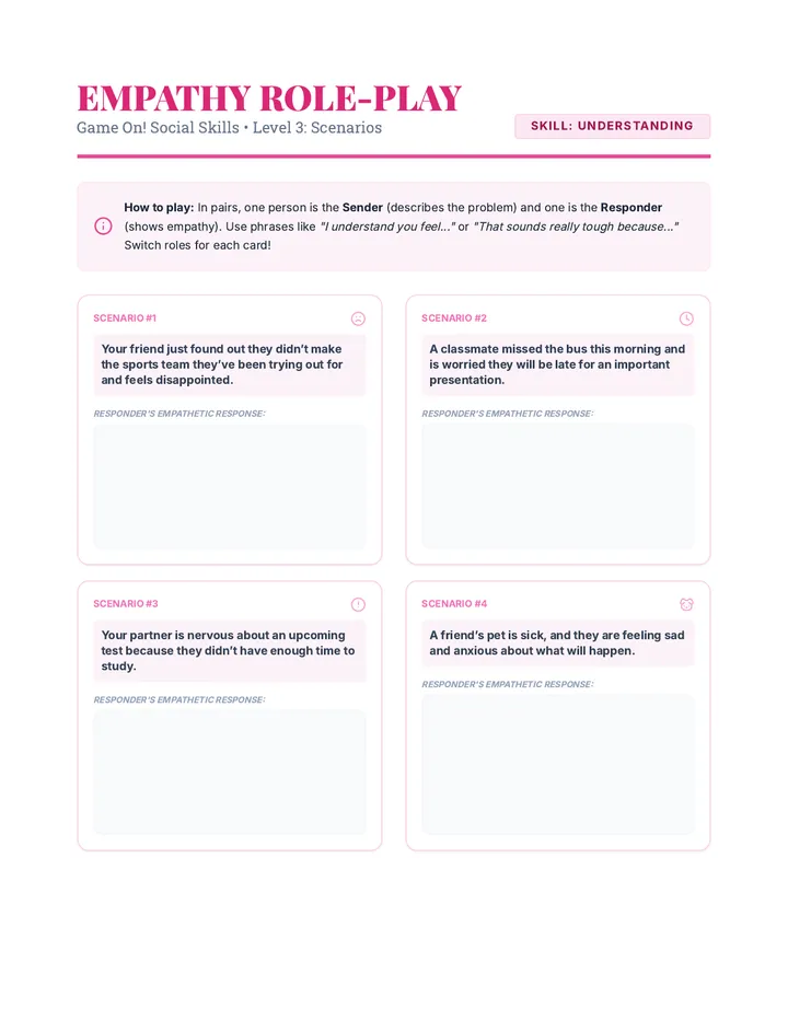 Empathy Role-Play Scenario Sheets Worksheet
