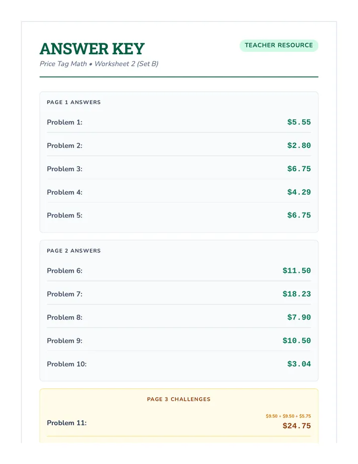 Price Tag Math Answer Key 2