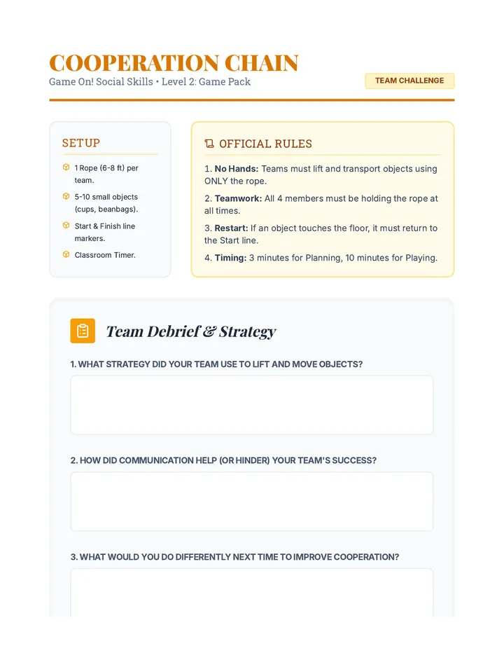 Cooperation Chain Game Pack Worksheet