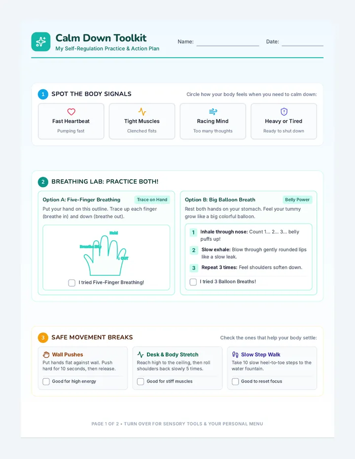 Calm Down Toolkit Worksheet