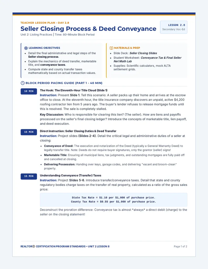 Sellers Closing Lesson Plan