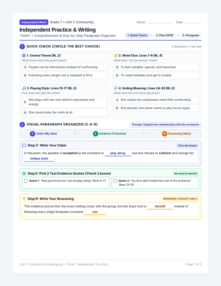Violin Adapted Writing Worksheet