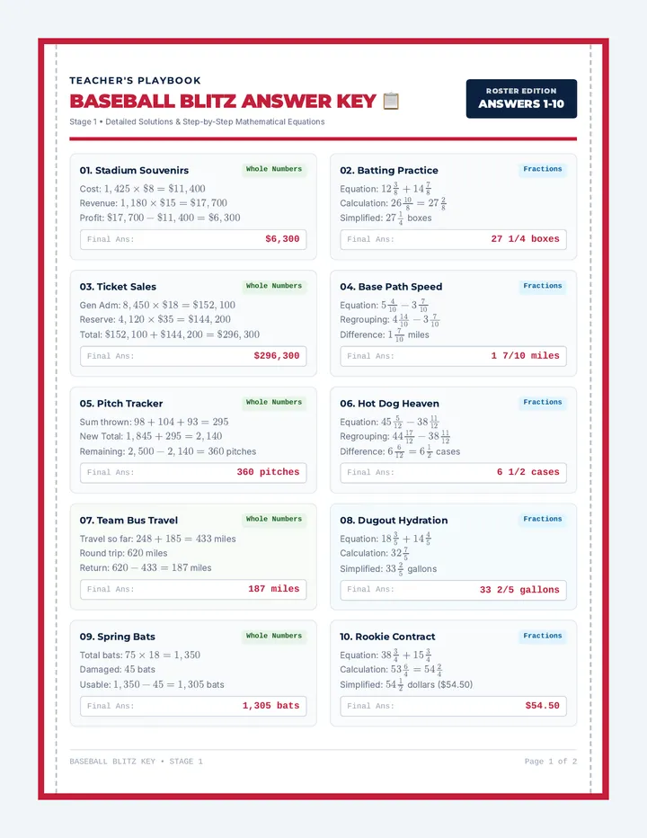 Baseball Blitz Answer Key