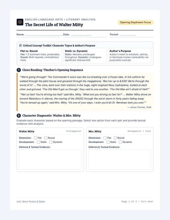 Mitty Daydream Worksheet