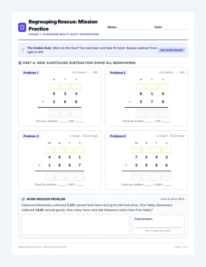 Targeted Subtraction Practice Worksheet