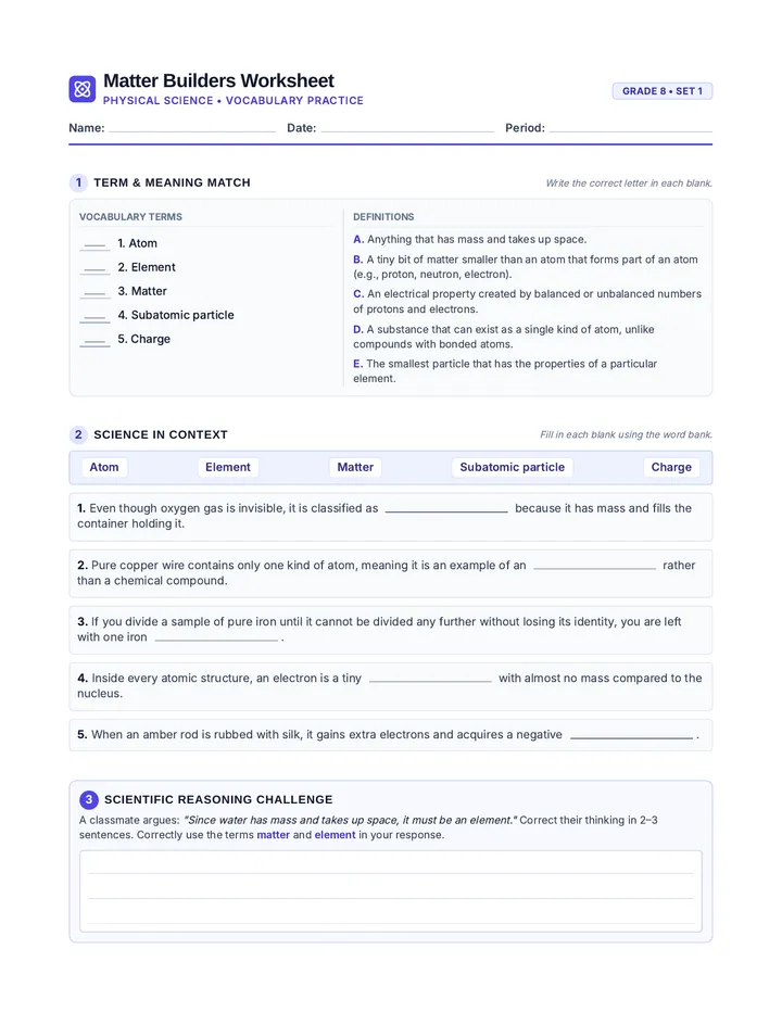 Matter Builders Worksheet