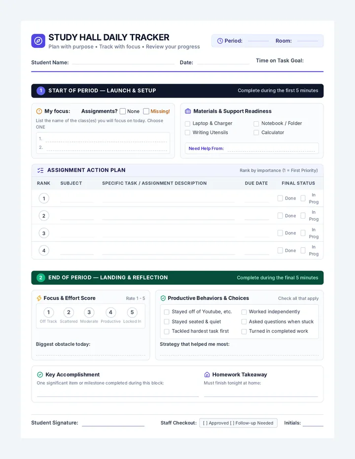 Study Hall Tracker Worksheet