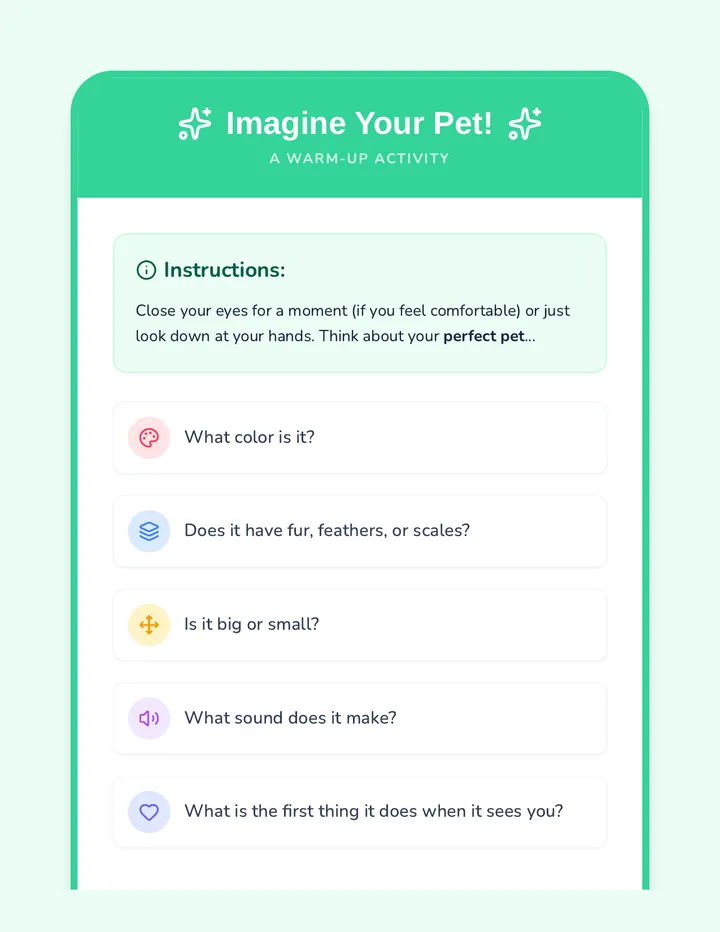 Perfect Pets Warm Up Activity