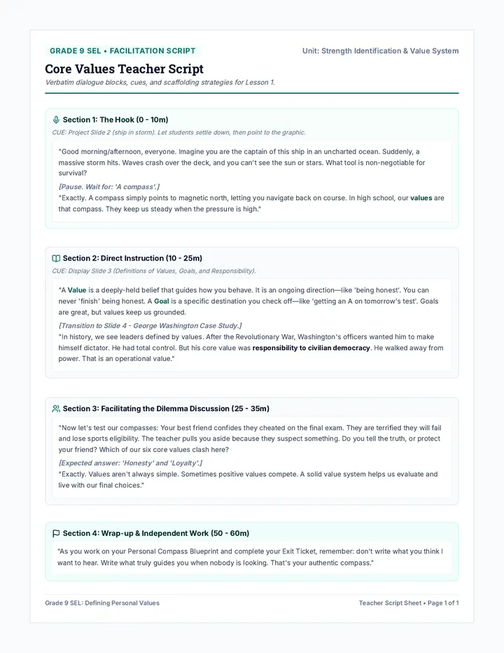 Core Values Teacher Script