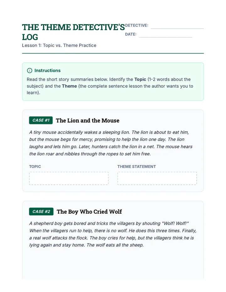 Theme Detective Log Worksheet